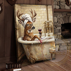 Maxcorners Funny Deer Bathtub Canvas Wall Art - Wine Sipping Bathroom Humor
