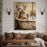 Maxcorners Funny Deer Bathtub Canvas Wall Art - Wine Sipping Bathroom Humor
