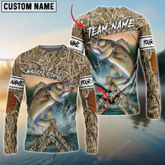 Maxcorners Walleye Fishing Elbow Patch Pattern Personalized Name, Team Name 3D Long Sleeve Shirt