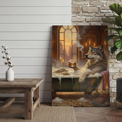 Maxcorners Relaxed Wolf in Luxury Bathtub with Whiskey and Cigar at Golden Sunset Wrapped Canvas Wall Art