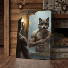 Maxcorners Wolf Grooming in Mirror with Gold Chain and Sunglasses Wrapped Canvas Wall Art