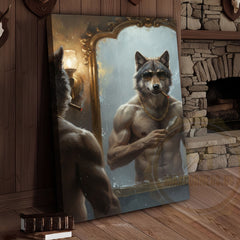 Maxcorners Wolf Grooming in Mirror with Gold Chain and Sunglasses Wrapped Canvas Wall Art