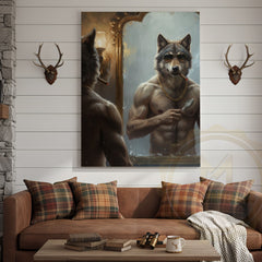 Maxcorners Wolf Grooming in Mirror with Gold Chain and Sunglasses Wrapped Canvas Wall Art