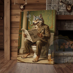 Maxcorners Wolf Reading Newspaper on Toilet with Cigar and Beer “Wild Times” Wrapped Canvas Wall Art