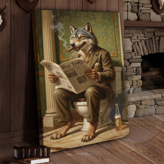 Maxcorners Wolf Reading Newspaper on Toilet with Cigar and Beer “Wild Times” Wrapped Canvas Wall Art