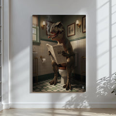 Maxcorners Funny Bathroom Wall Art Canvas – T-Rex Reading Newspaper Smoking Cigar Print for Man Cave Decor & Gag Gift for Men LM2611