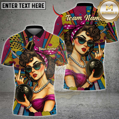 Maxcorners Bowling Retro Pin-Up Girl Multicolor Customized Name Team Name 3D Shirts