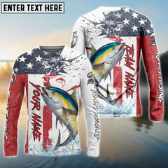 Maxcorners Tuna Fishing American Flag Seawave Personalized Name, Team Name 3D Long Sleeve Shirt