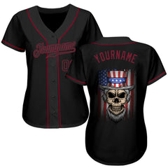 Maxcorners Custom Black Old Gold 3D American Flag Skull Patriotic Premium Baseball Jersey 2 LM0210