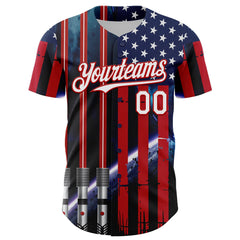 Maxcorners Custom Blue Dark Purple-Sky Blue 3D Pattern Design Outer Space Light Swords American Flag Premium Baseball Jersey LM0210