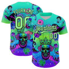 Maxcorners Custom Blue Pea Green-Black 3D Pattern Design Trippy Magic Mushrooms Skull Authentic Baseball Jersey
LM0609