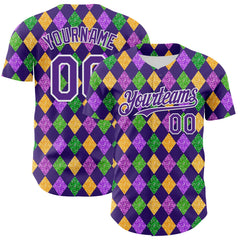Maxcorners Custom Purple White 3D Pattern Design Mardi Gras Shrove Tuesday Premium Baseball Jersey LM0210