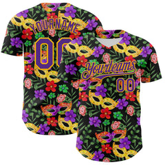 Maxcorners Custom Black Purple-Gold 3D Pattern Design Mardi Gras Shrove Tuesday Premium Baseball Jersey LM0210