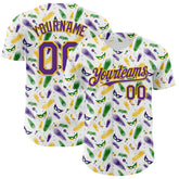 Maxcorners Custom White Purple-Yellow 3D Pattern Design Mardi Gras Shrove Tuesday Premium Baseball Jersey LM0210