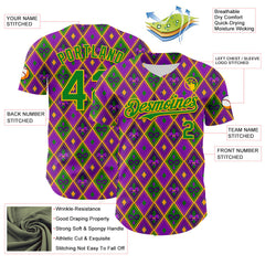 Maxcorners Custom Purple Grass Green-Gold 3D Pattern Design Mardi Gras Shrove Premium Baseball Jersey LM0210