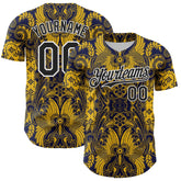 Maxcorners Custom Navy Black Yellow-White 3D Pattern Design Burner Costumes Paisley Premium Baseball Jersey LM0210