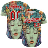 Maxcorners Custom Green Red-White 3D Pattern Design Rave Party Trippy Magic Mushroom Premium Baseball Jersey LM0210