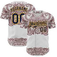 Maxcorners Custom White Navy Red-Yellow 3D Pattern Design Burner Costumes Paisley Bandana Premium Baseball Jersey LM0210