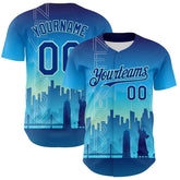 Maxcorners Custom Blue Royal-Ice Blue 3D Pattern Design New York Cityscape Statue Of Liberty Premium Baseball Jersey LM0210