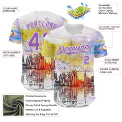 Maxcorners Custom White Medium Purple 3D Pattern Design New York Cityscape Sunrise Premium Baseball Jersey LM0210