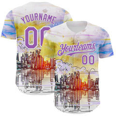 Maxcorners Custom White Medium Purple 3D Pattern Design New York Cityscape Sunrise Authentic Baseball Jersey
LM0609