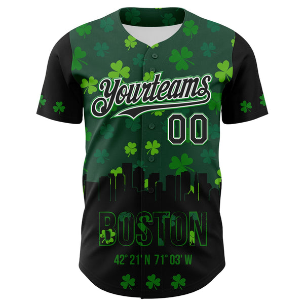 Maxcorners Custom Black White-Grass Green 3D Pattern Design Boston Cityscape Shamrock Premium St. Patrick's Day Baseball Jersey LM0210