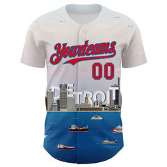 Maxcorners Custom White Fire Red-Blue 3D Pattern Design Detroit Cityscape Skyline Premium Baseball Jersey LM0210