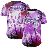 Maxcorners Custom Purple White-Dark Purple 3D Pattern Design Gradient Miami Cityscape Hawaii Tropical Palm Tree Premium Baseball Jersey LM0210