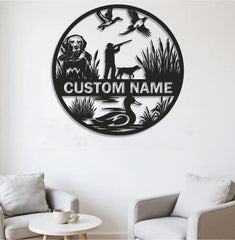 Maxcorners Personalized Metal Sign WITH LED/WITHOUT LED – Duck Hunting Scene with Dog and Hunter – Custom Rustic Wall Decor for Cabin and Lodge LM0110