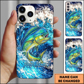 Maxcorners Mahi-mahi Jumping Out Of Ocean Wave Blue Splash Art Personalized Name Phone Case