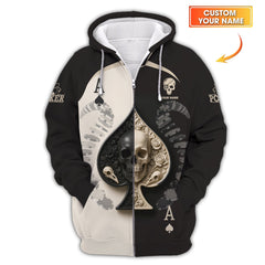 Maxcorners Custom Poker Shirt, Skull Spade Card Tee Black White Casino Style Gifts Poker PlayerLM1009