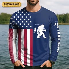 Maxcorners Bigfoot American Flag Patriotic Fishing Shirt, SPF Shirt For Men, Gift For Fisherman, Fishing Shirts For Men