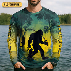 Maxcorners Gone Squatchin And Catching Yellow Forest Bigfoot Fishing UPF Shirts, Funny Fishing Shirt, Fishing Gifts For Men