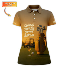Maxcorners Swing Swear Drink Repeat Golf Wine Polos, Yellow Golf Shirt, Funny Golf Shirts For Golfers
