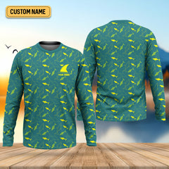 Maxcorners Green And Yellow Shark Pattern Performance Fishing Shirts, SPF Shirt For Men, Fishing Gifts For Men