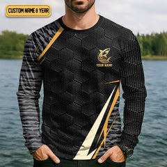 Maxcorners Shark Week Hexagon Pattern Black Fishing Shirt, SPF Shirt For Men, Men's Fishing Shirt