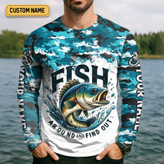 Maxcorners Mens Fish Around And Find Out T Shirt, Funny Fishing Shirt, Mens SPF Shirt, Fishing Gifts For Men, Bass Fishing