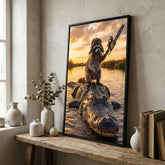 Maxcorners Raccoon Riding Alligator Holding Chainsaw at Sunset Canvas Wall Art