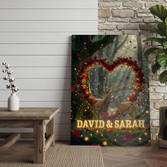 Maxcorners Deer Couple Rose Heart Forest Light Effect Personalized Name Canvas