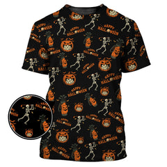 Maxcorners Pattern Golf Shirt, Halloween Skeleton With Pumpkin Golf Polos, Funny Golf Shirt For Men