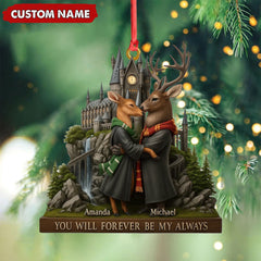 Maxcorners Personalized Wizard Castle Deer Couple Ornament, Custom Name Fantasy Lovers Christmas Gift, Magic School Romance Tree Decoration