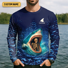Maxcorners Shark Fishing Team Shirt, Blue Camo Fishing UPF Shirts, Fishing Gifts For Men, Fishing Shirt With Hood