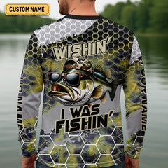 Maxcorners Wishin I Was Fishin Camo Fishing Shirt, Bass Fishing Shirt, SPF Shirt For Men, Presents For Fishermen