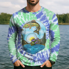 Maxcorners Bear Fishing Green And Purple Cool Tie Dye Patterns Fishing UPF Shirts, Fishing Gifts For Men, Men's Fishing Shirt