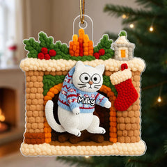Maxcorners Cat Hanging on Christmas Mantel Fireplace Latch Hook Yarn Faux - Personalized Acrylic Ornament - Christmas Gift for Cat Lovers 2D Flat TU2511