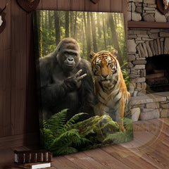 Maxcorners Jungle Wildlife Canvas Wall Art - Gorilla Tiger Friendship Forest Print