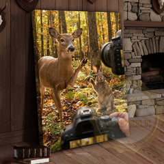 Maxcorners Funny Deer Photographer Canvas Wall Art - Autumn Forest Wildlife Humor