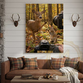 Maxcorners Funny Deer Photographer Canvas Wall Art - Autumn Forest Wildlife Humor