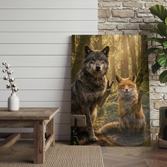 Maxcorners Wolf Fox Friendship Canvas Wall Art - Forest Wildlife Companions Print
