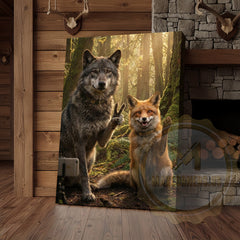 Maxcorners Wolf Fox Friendship Canvas Wall Art - Forest Wildlife Companions Print